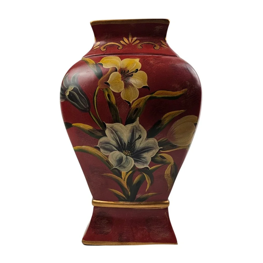 Vintage Style Hand Painted Floral Red Decorative Vase Gold Trim 12.5 Inch